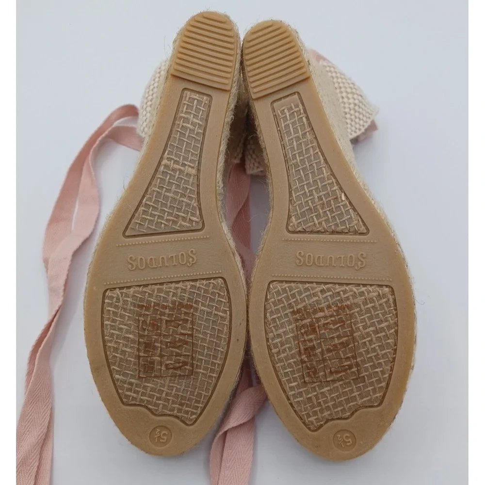 Soludos The Marseille Lace Up Wedge Espadrille PINK Ribbon Women's 5.5 Jute Heel